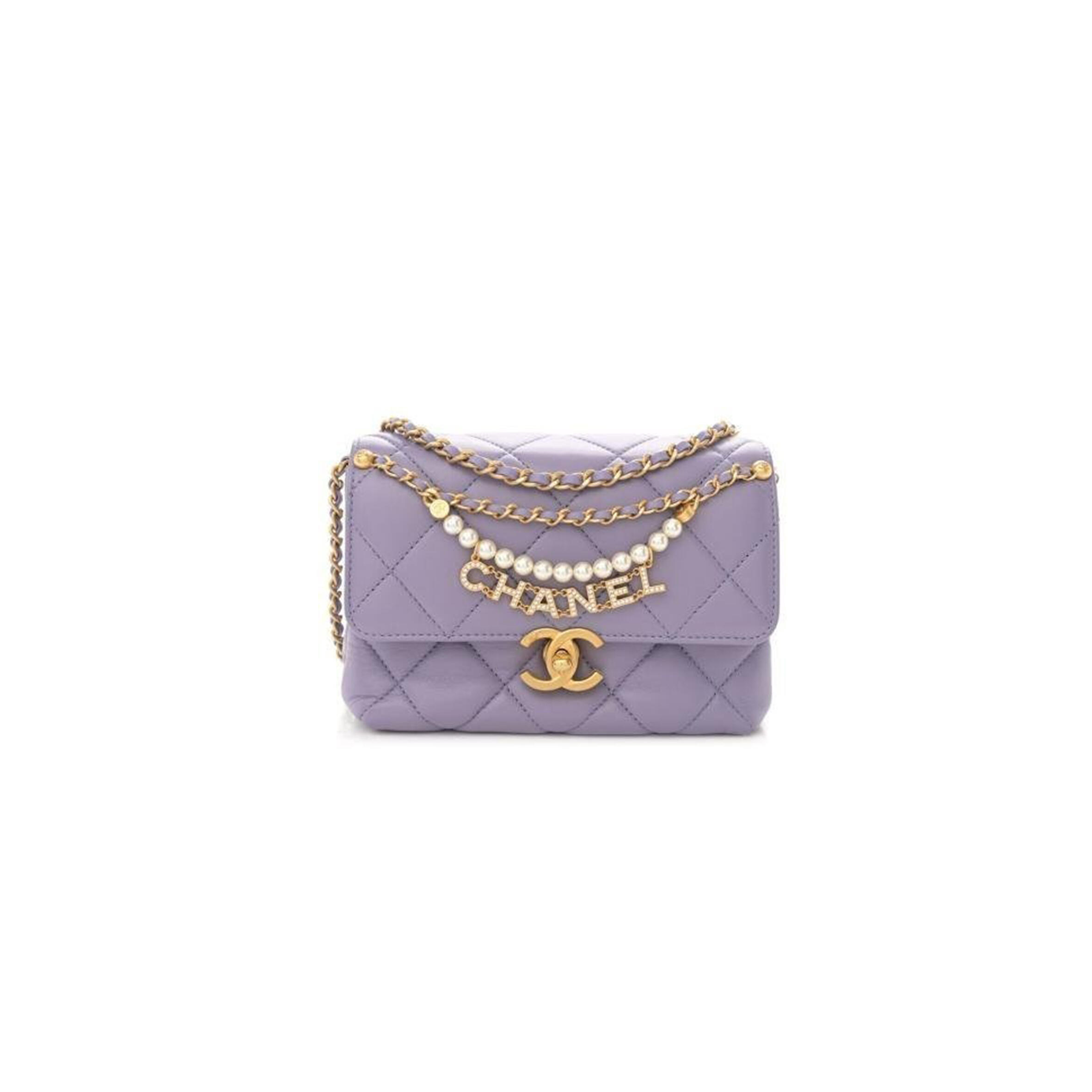 CHANEL MASTER SHINY LAMBSKIN QUILTED MINI PEARL LOGO FLAP LIGHT PURPLE (18*13*6cm)